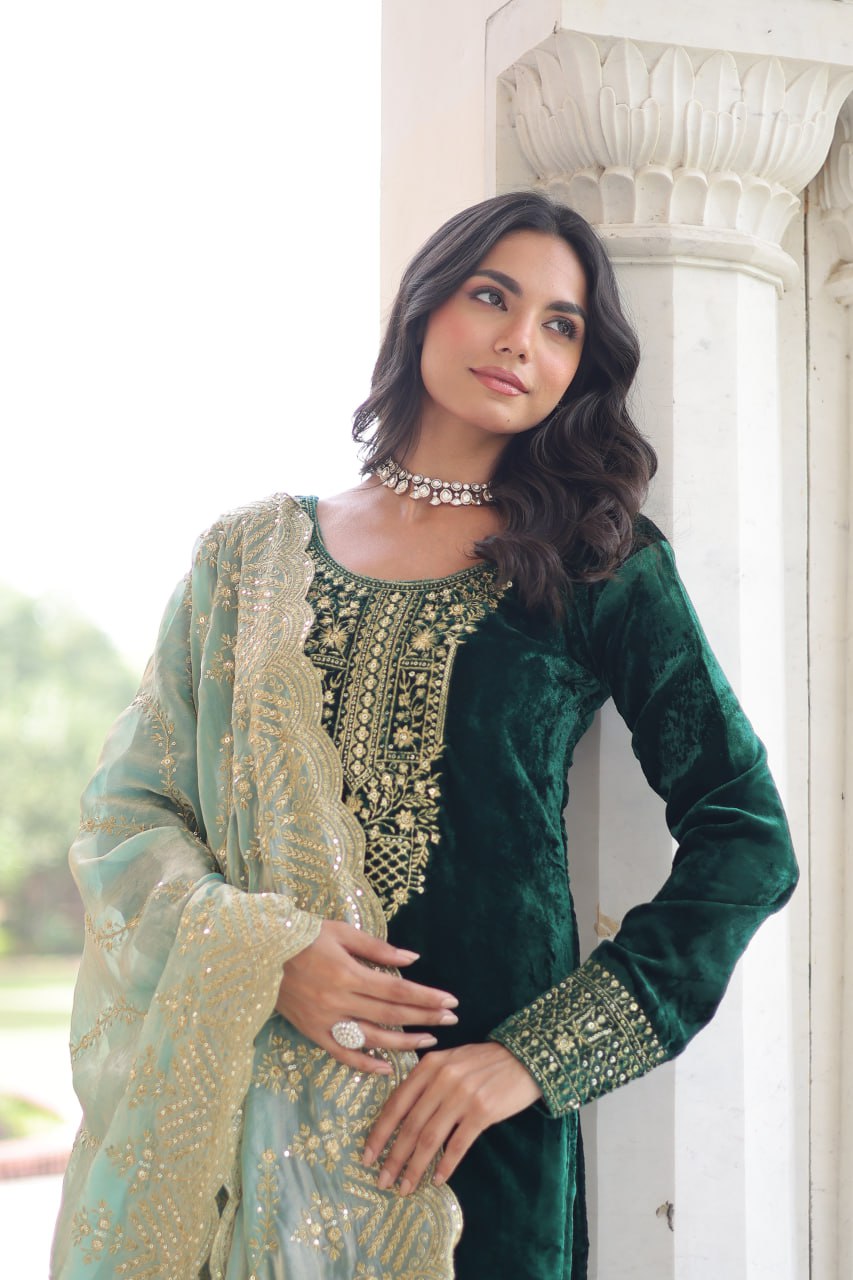 Green Velvet With Rich Sequins Full Round Neck Salwar Suit