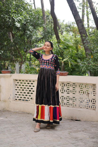 Black Roman With Multicolour Thread Work Navratri Gown