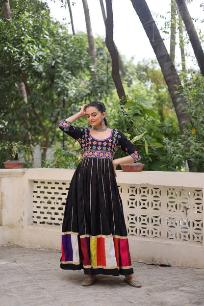 Black Roman With Multicolour Thread Work Navratri Gown