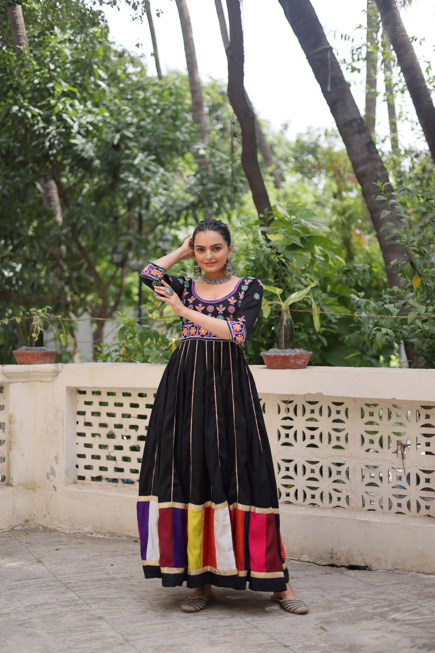 Black Roman With Multicolour Thread Work Navratri Gown