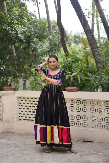 Black Roman With Multicolour Thread Work Navratri Gown