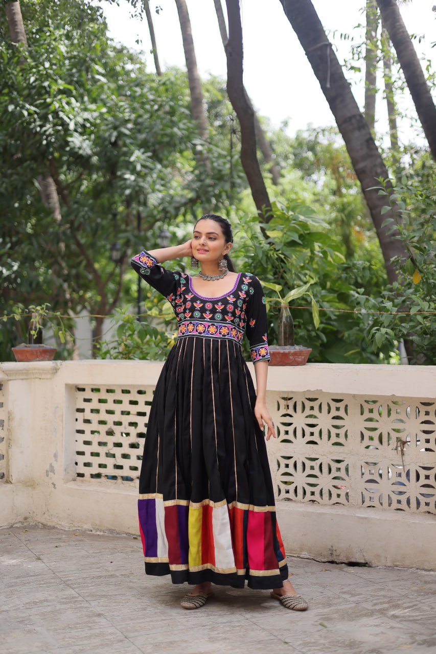 Black Roman With Multicolour Thread Work Navratri Gown
