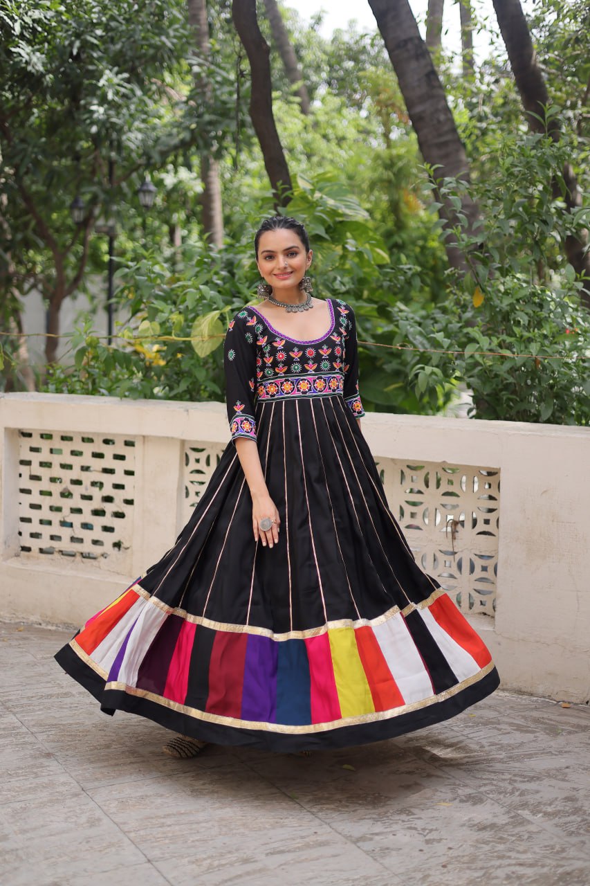 Black Roman With Multicolour Thread Work Navratri Gown