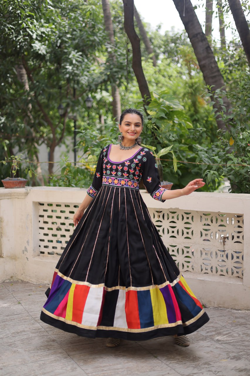 Black Roman With Multicolour Thread Work Navratri Gown
