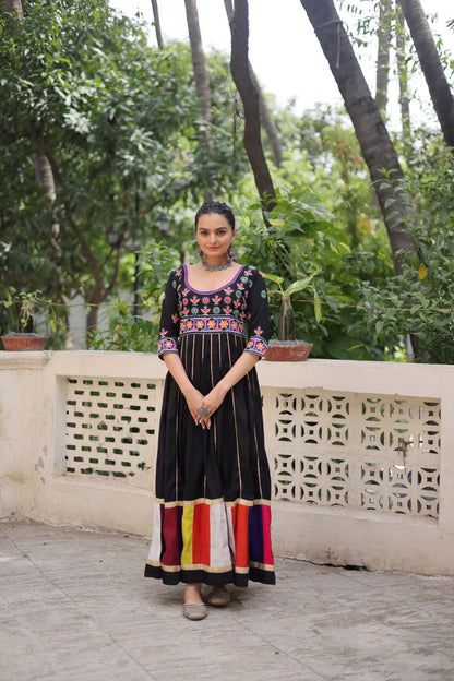 Black Roman With Multicolour Thread Work Navratri Gown