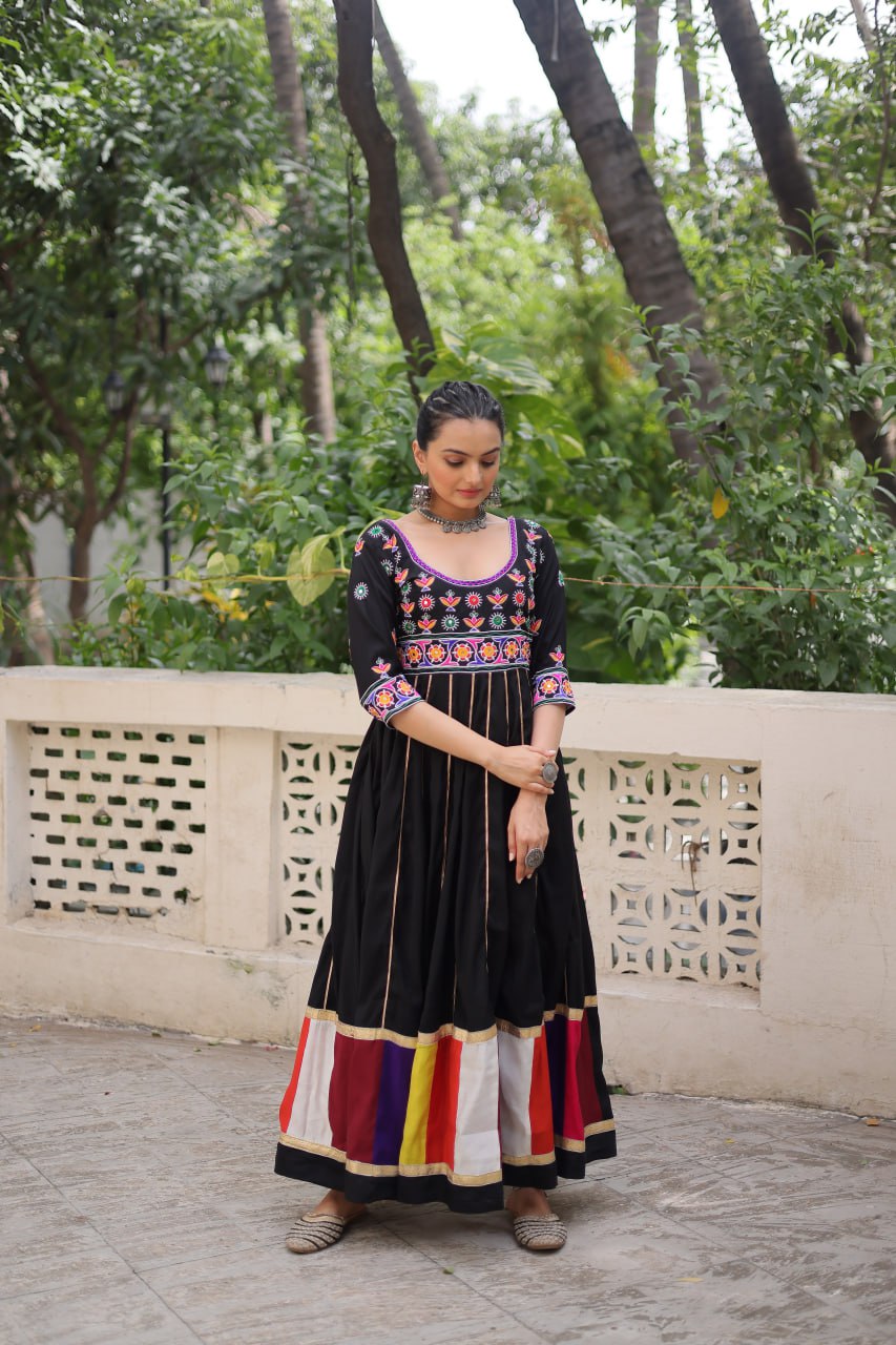 Black Roman With Multicolour Thread Work Navratri Gown