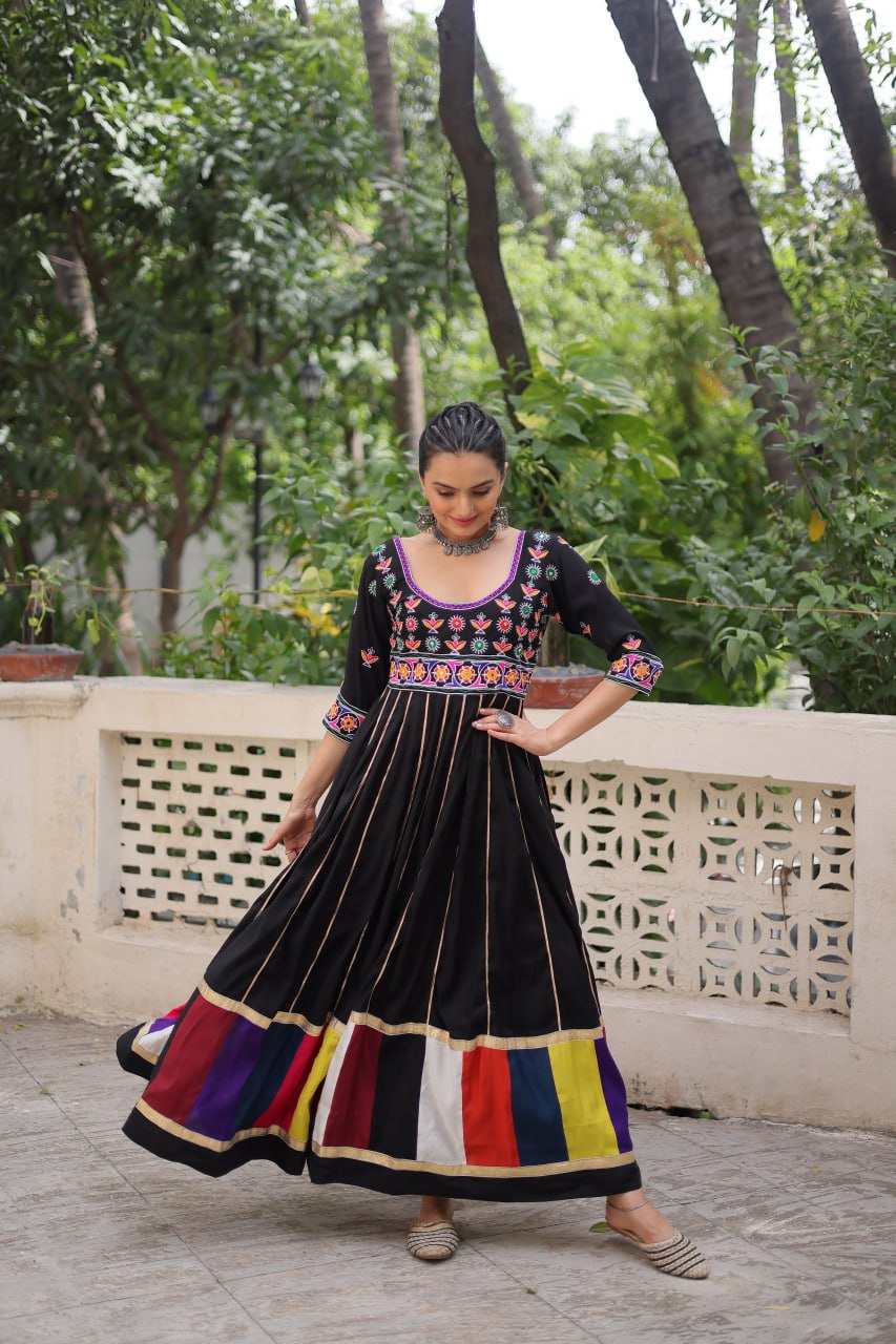 Black Roman With Multicolour Thread Work Navratri Gown