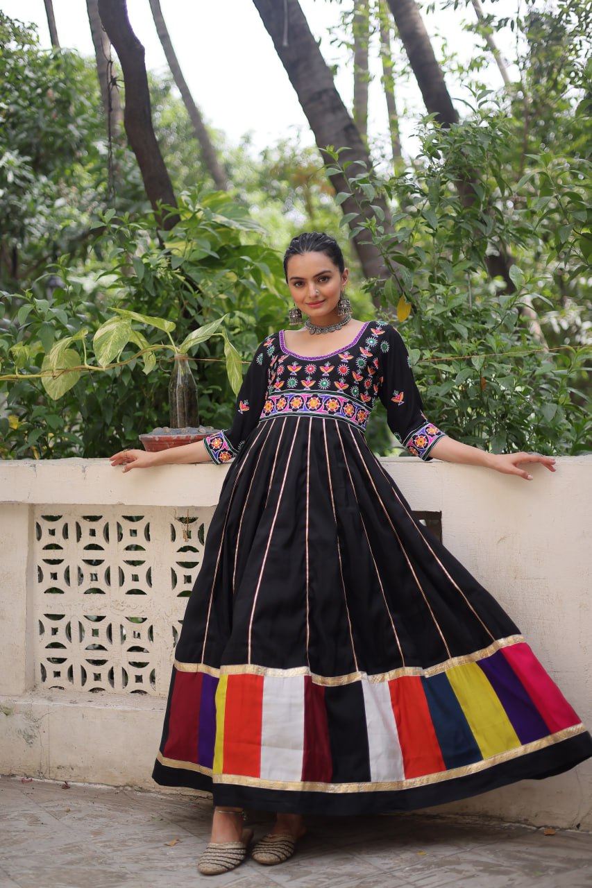 Black Roman With Multicolour Thread Work Navratri Gown