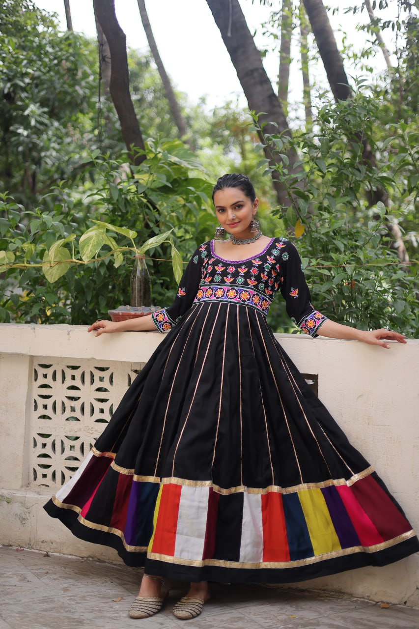 Black Roman With Multicolour Thread Work Navratri Gown