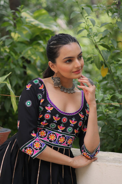 Black Roman With Multicolour Thread Work Navratri Gown
