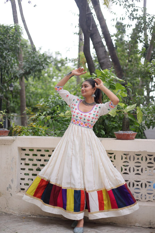White Roman With Multicolour Thread Work Navratri Gown