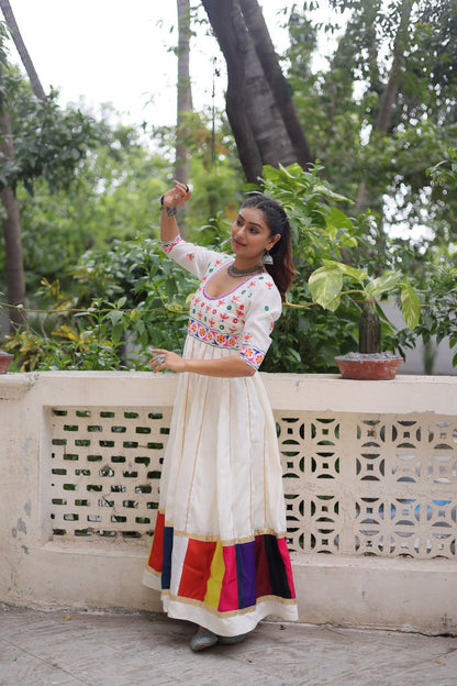 White Roman With Multicolour Thread Work Navratri Gown