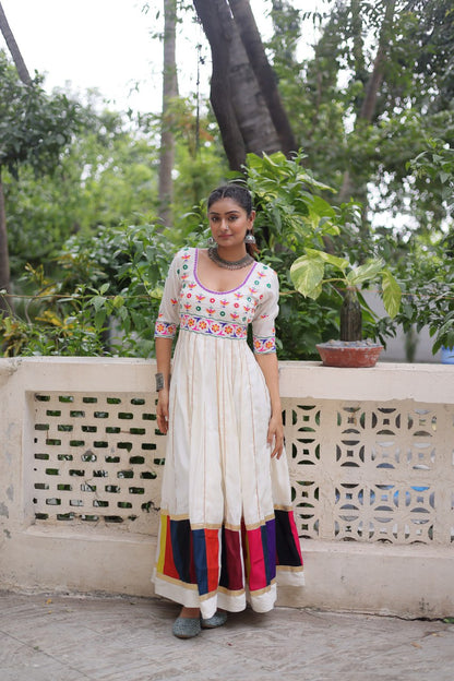 White Roman With Multicolour Thread Work Navratri Gown