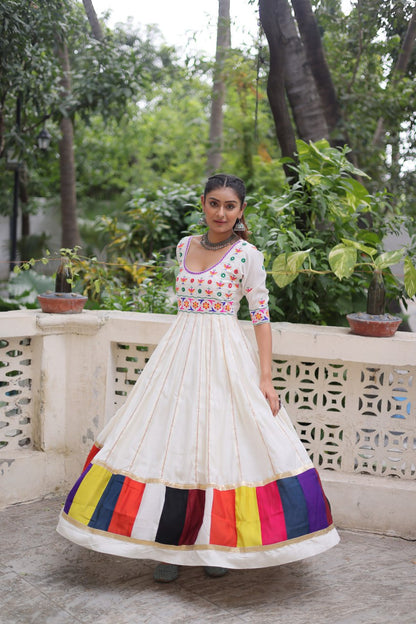 White Roman With Multicolour Thread Work Navratri Gown