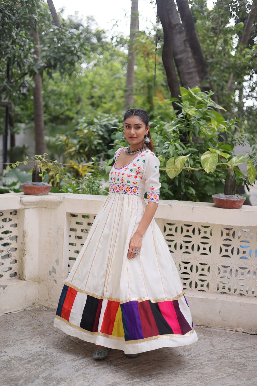 White Roman With Multicolour Thread Work Navratri Gown