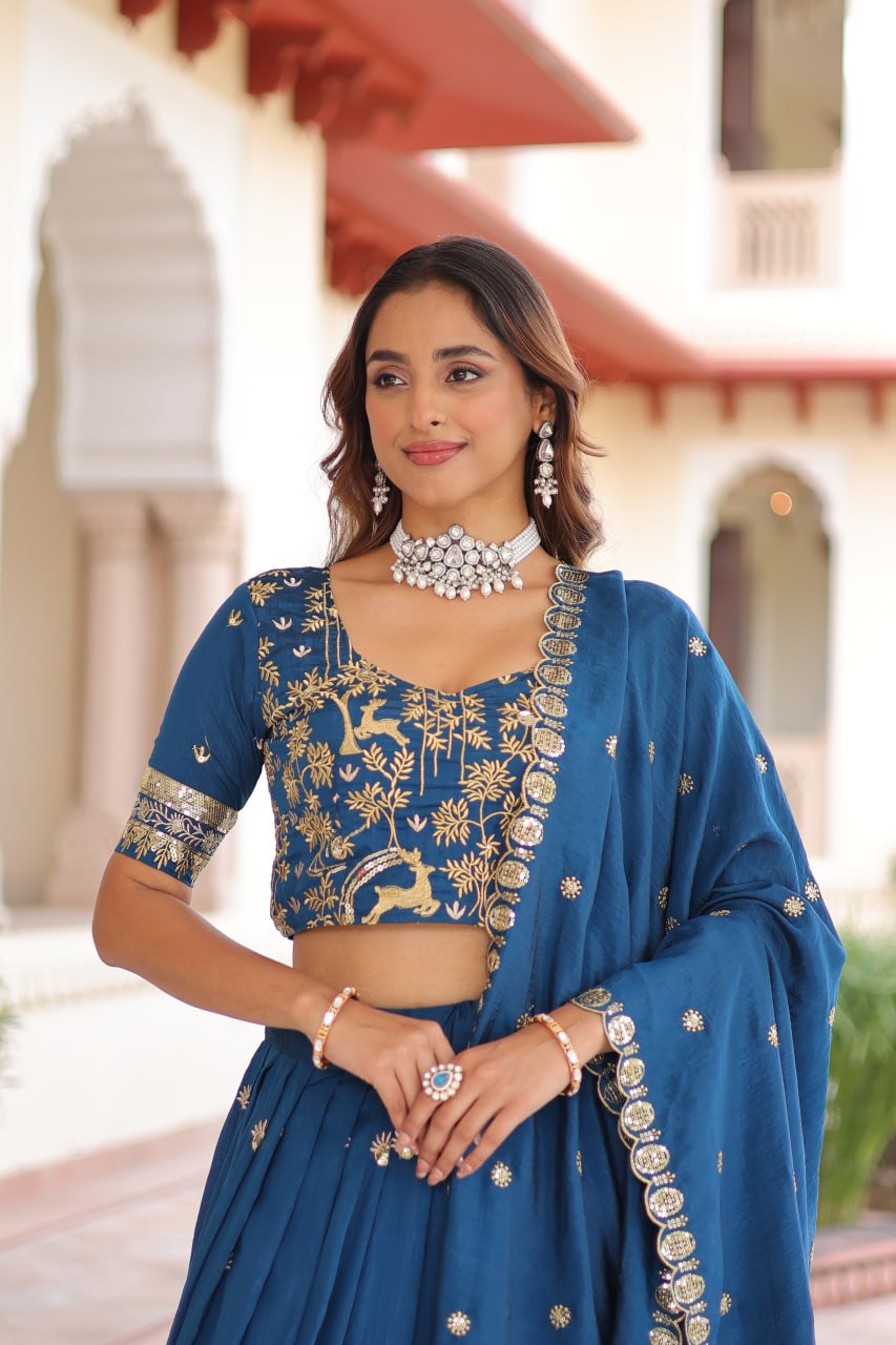 Blue Vichitra Silk With Heavy Sequins Thread Embroidered Work Lehenga Choli