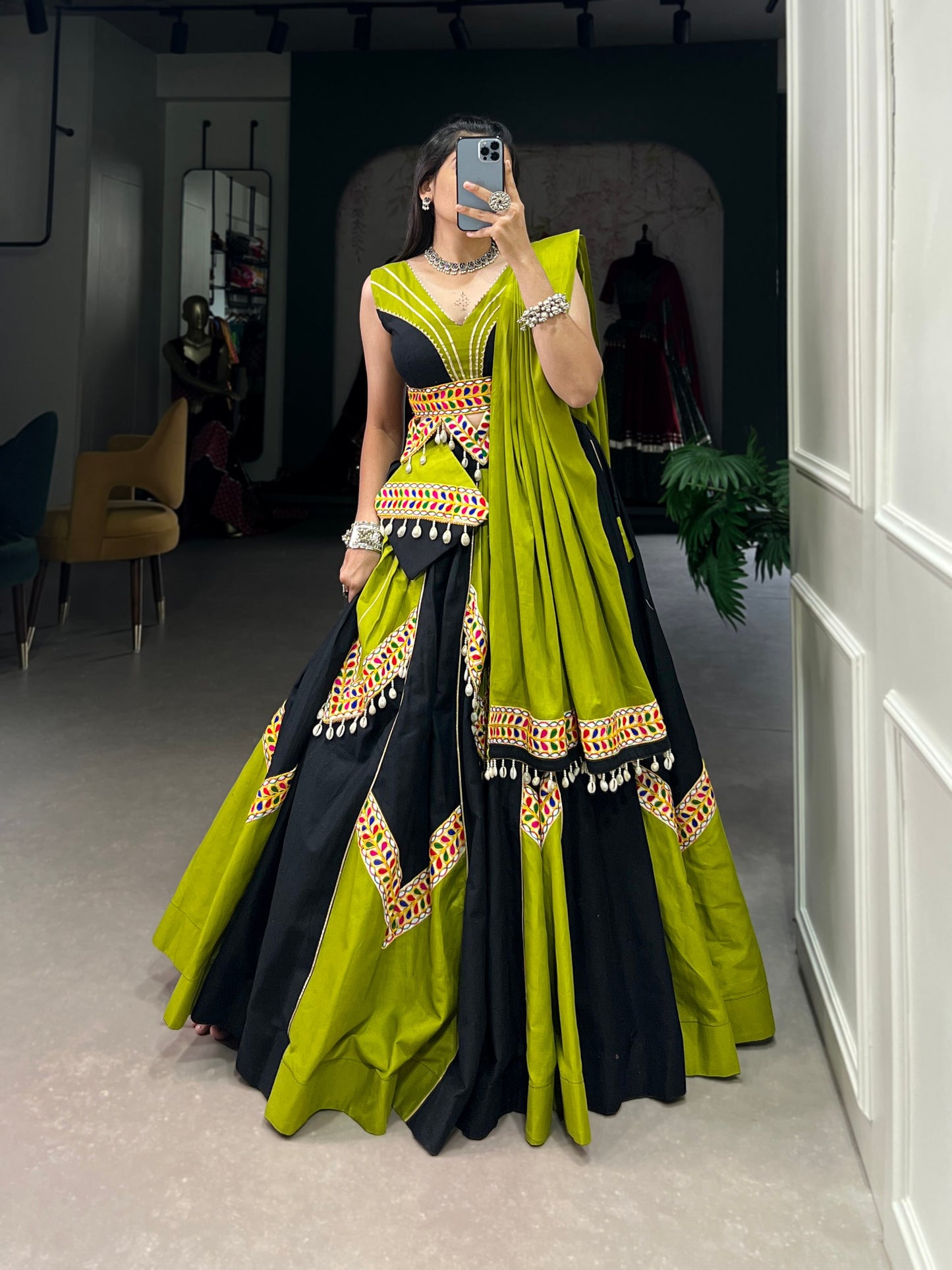 Green Black Pure Cotton Plain With Gamthi Work And Gota Patti With Kodi Navratri Lehenga