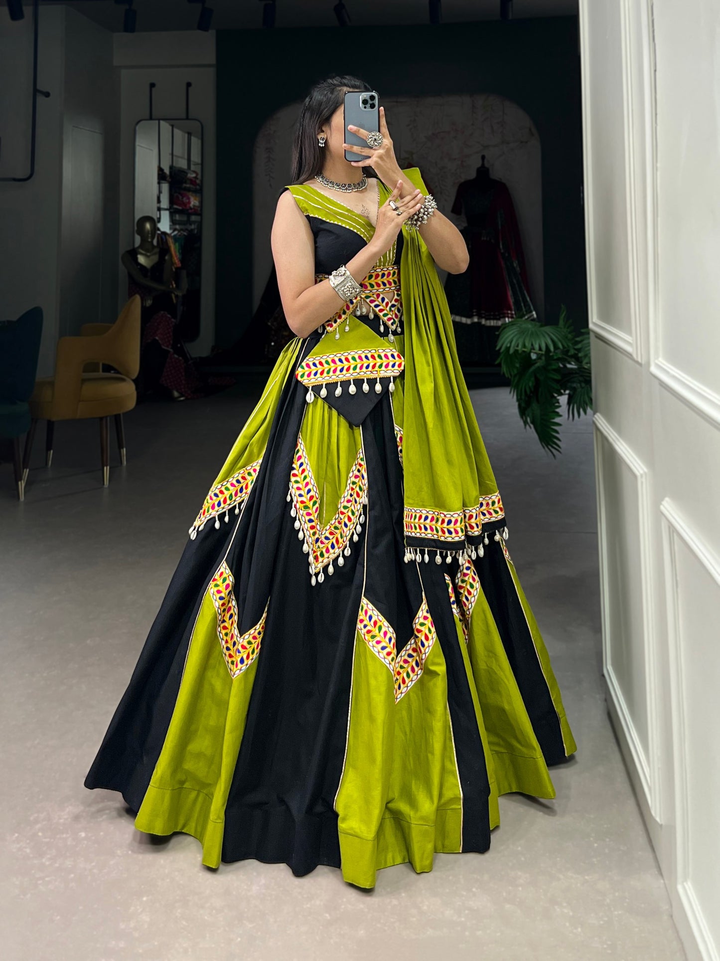 Green Black Pure Cotton Plain With Gamthi Work And Gota Patti With Kodi Navratri Lehenga