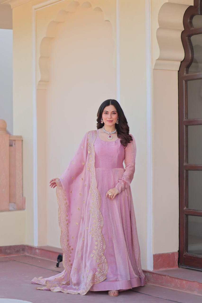 Baby Pink Color Fendy Chiffon With 12 Kali Stitched Gown