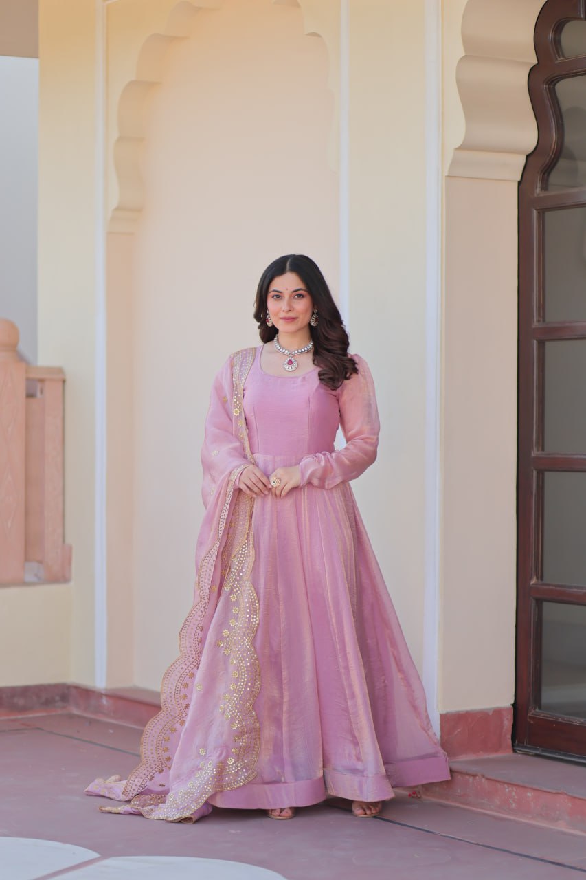 Baby Pink Color Fendy Chiffon With 12 Kali Stitched Gown
