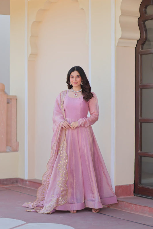 Baby Pink Color Fendy Chiffon With 12 Kali Stitched Gown