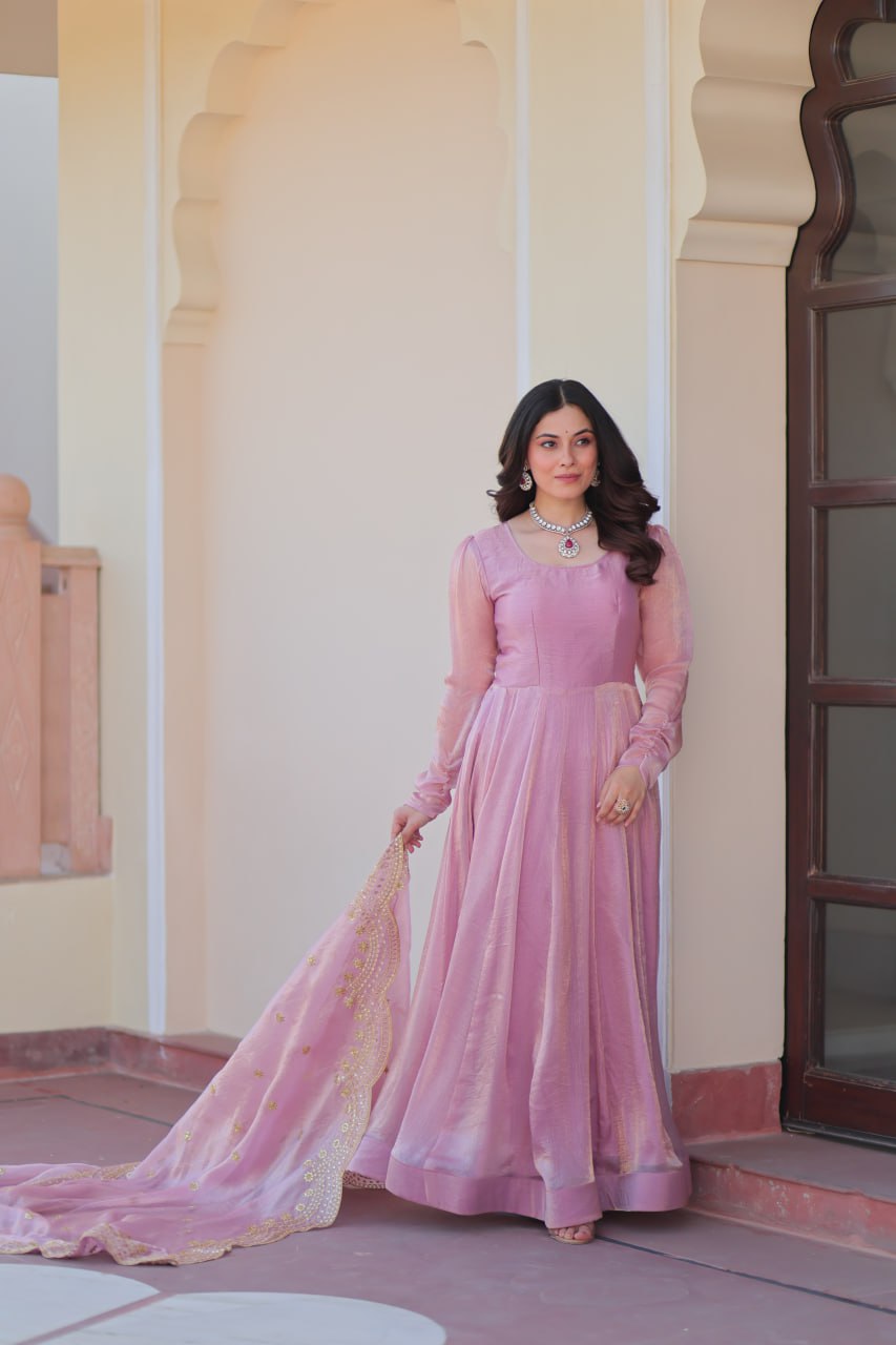 Baby Pink Color Fendy Chiffon With 12 Kali Stitched Gown