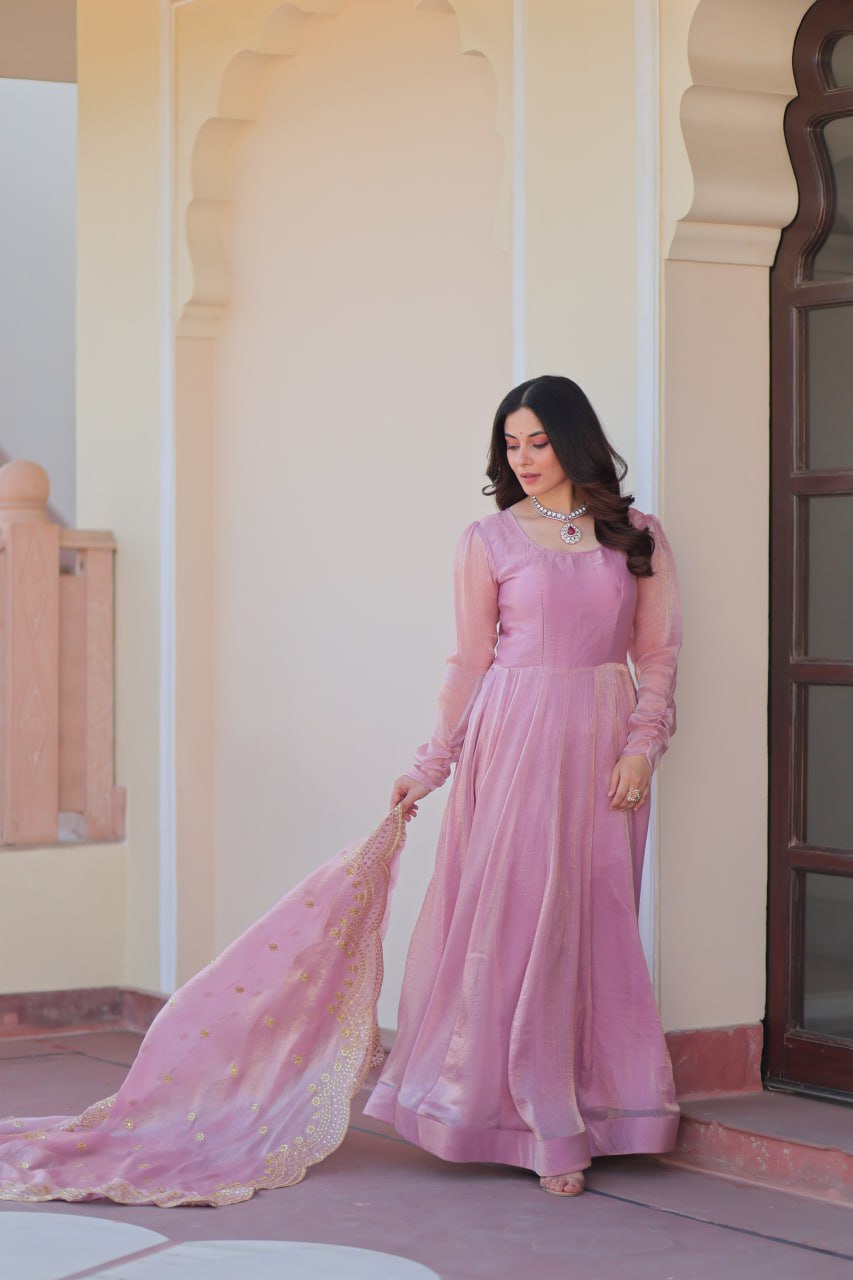 Baby Pink Color Fendy Chiffon With 12 Kali Stitched Gown