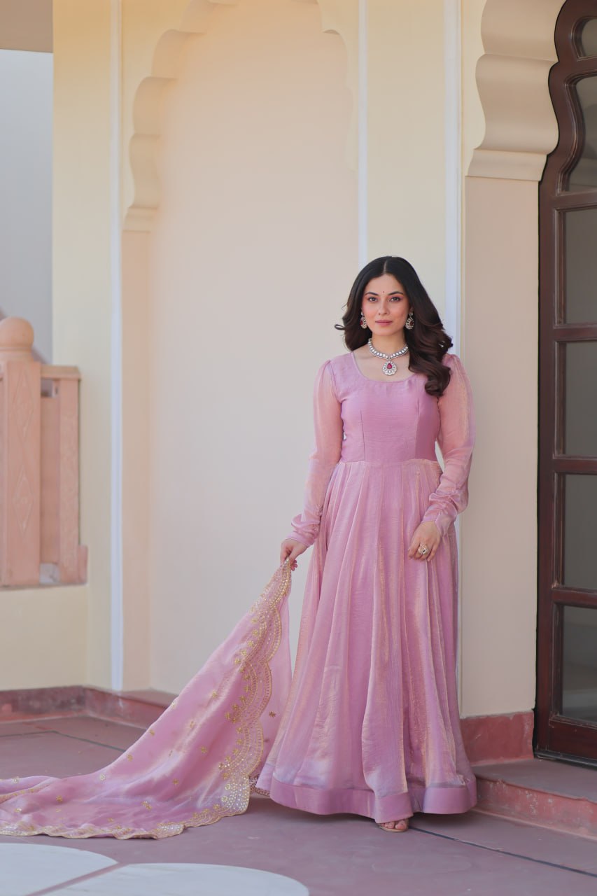 Baby Pink Color Fendy Chiffon With 12 Kali Stitched Gown