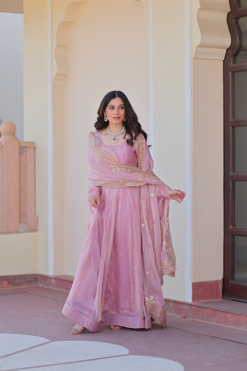 Baby Pink Color Fendy Chiffon With 12 Kali Stitched Gown