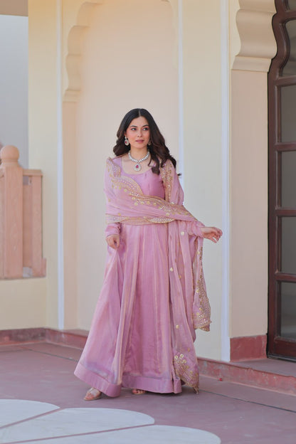 Baby Pink Color Fendy Chiffon With 12 Kali Stitched Gown