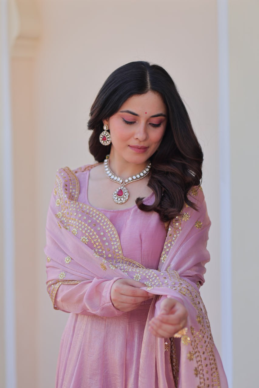 Baby Pink Color Fendy Chiffon With 12 Kali Stitched Gown
