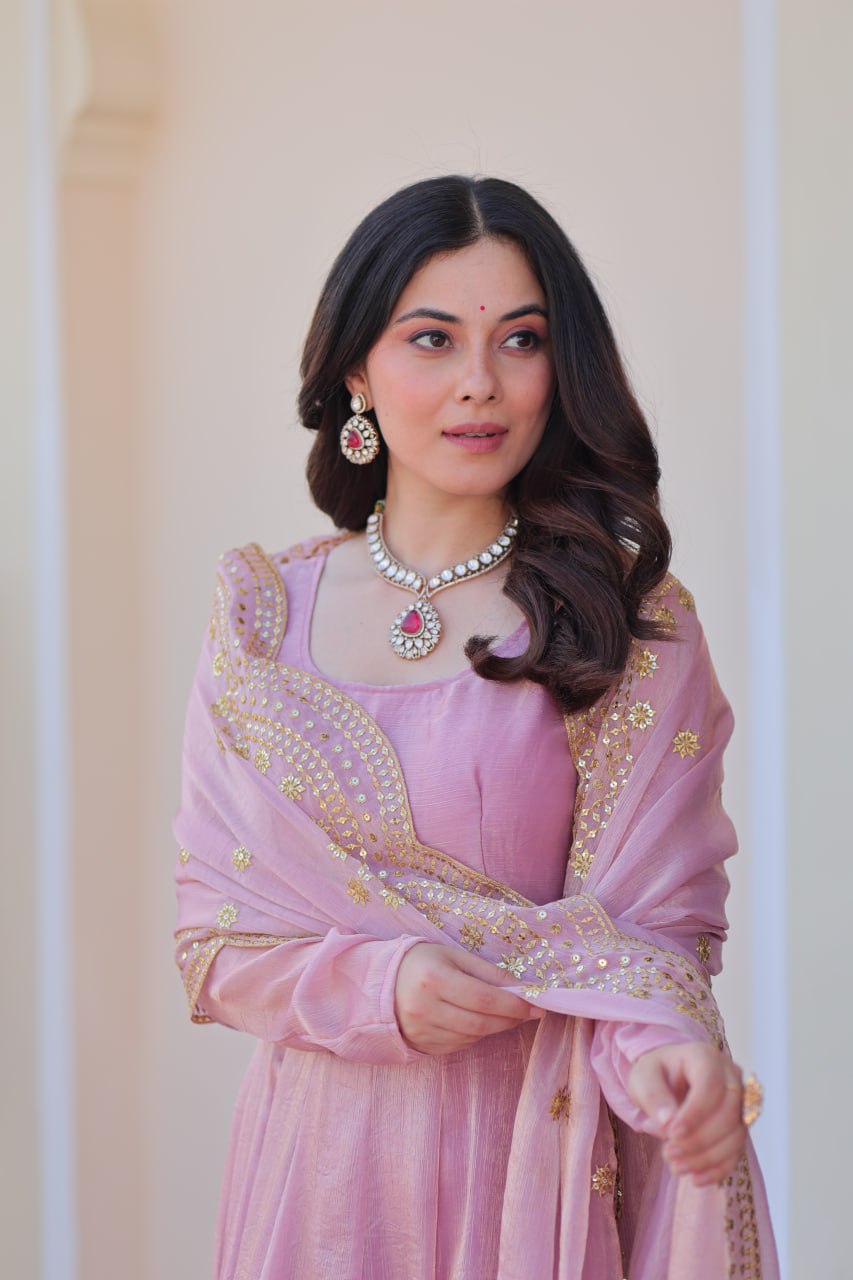 Baby Pink Color Fendy Chiffon With 12 Kali Stitched Gown