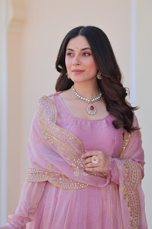 Baby Pink Color Fendy Chiffon With 12 Kali Stitched Gown