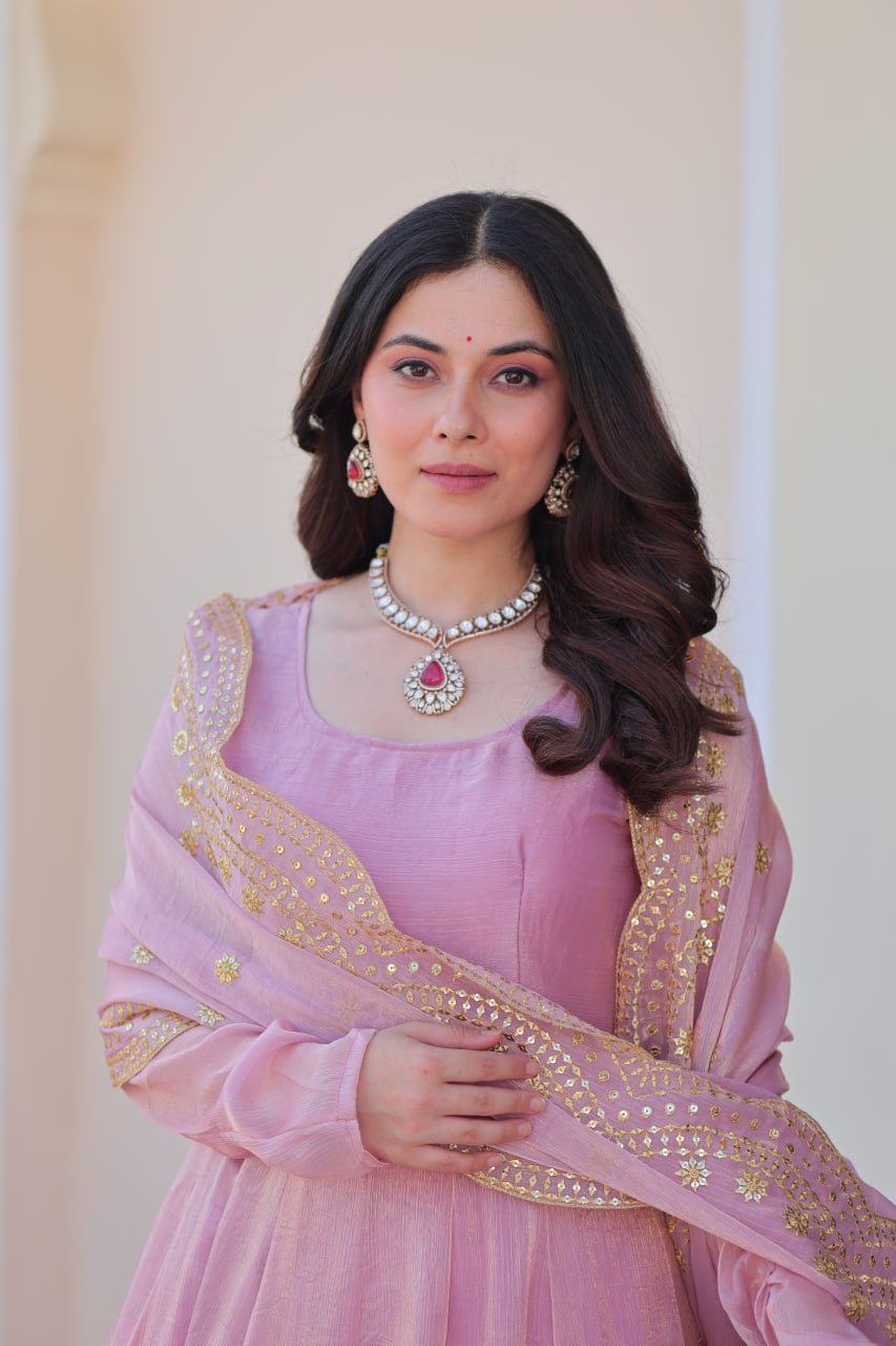 Baby Pink Color Fendy Chiffon With 12 Kali Stitched Gown