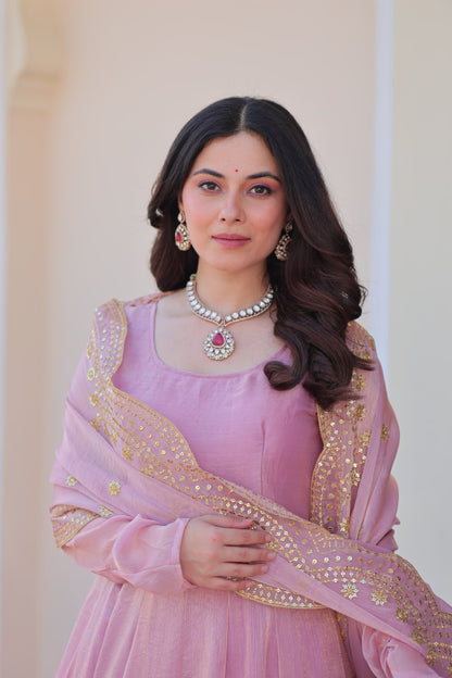 Baby Pink Color Fendy Chiffon With 12 Kali Stitched Gown