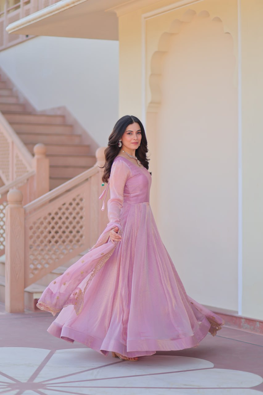 Baby Pink Color Fendy Chiffon With 12 Kali Stitched Gown