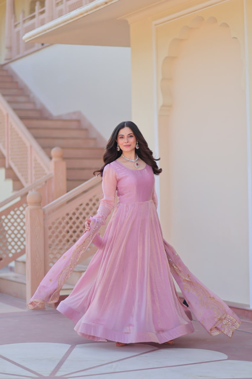 Baby Pink Color Fendy Chiffon With 12 Kali Stitched Gown