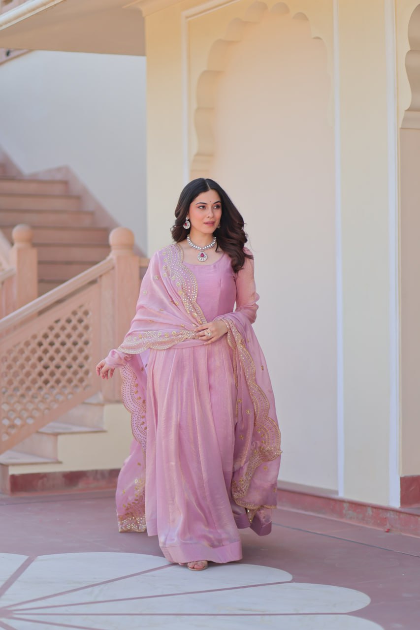 Baby Pink Color Fendy Chiffon With 12 Kali Stitched Gown