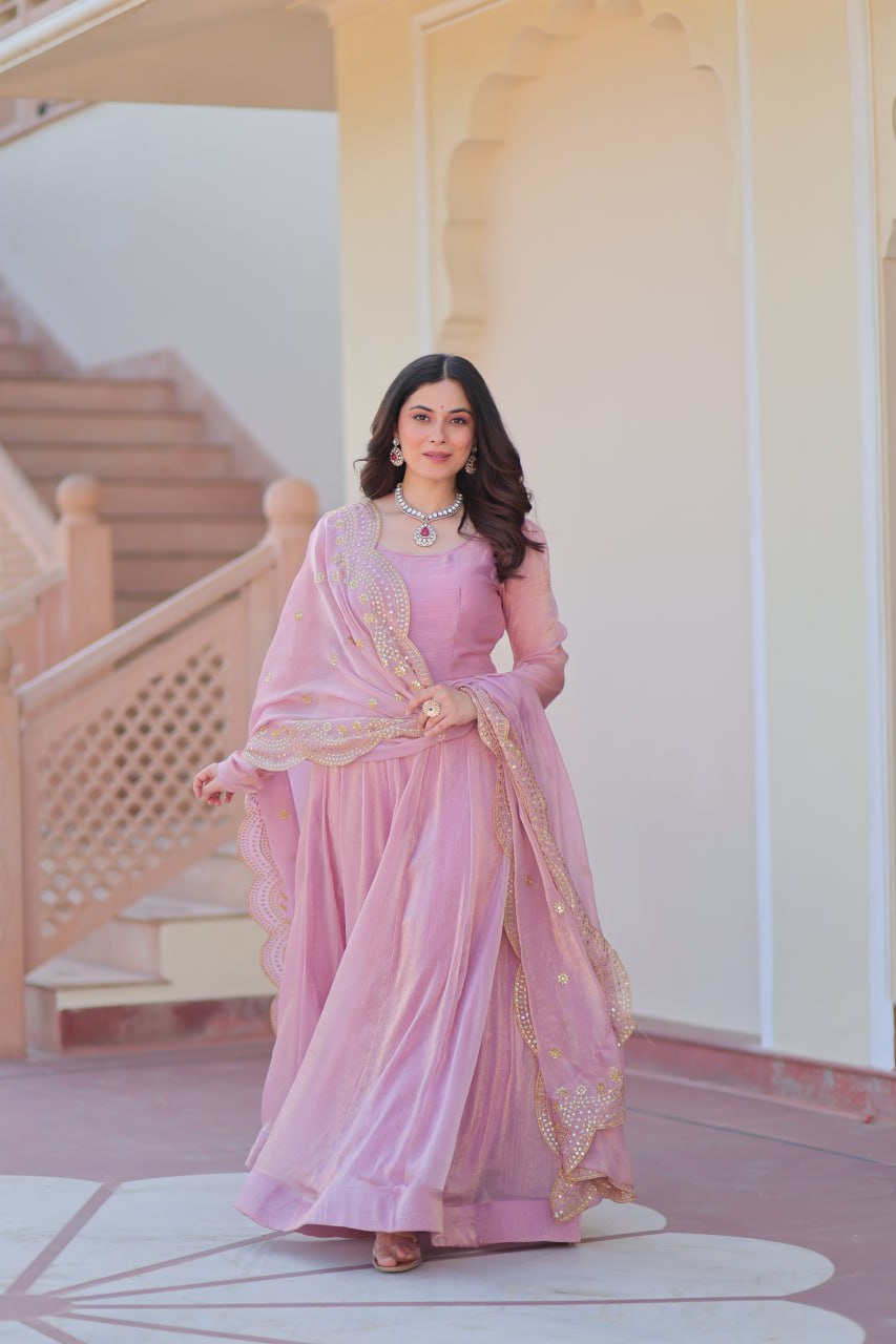 Baby Pink Color Fendy Chiffon With 12 Kali Stitched Gown