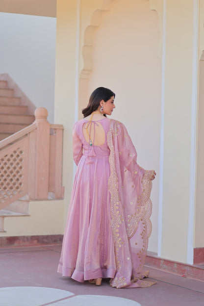 Baby Pink Color Fendy Chiffon With 12 Kali Stitched Gown