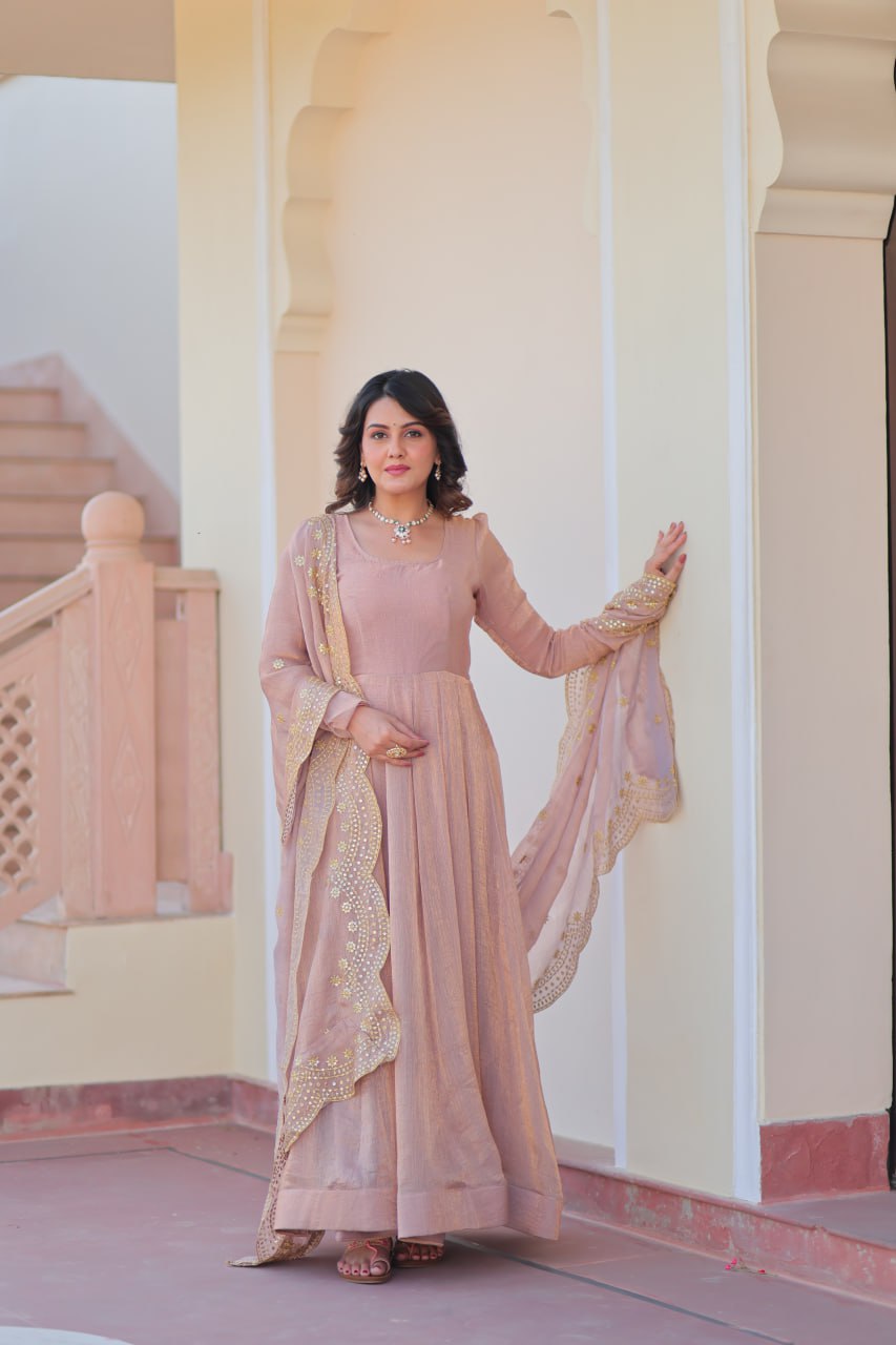 Peach Color Fendy Chiffon With 12 Kali Stitched Gown
