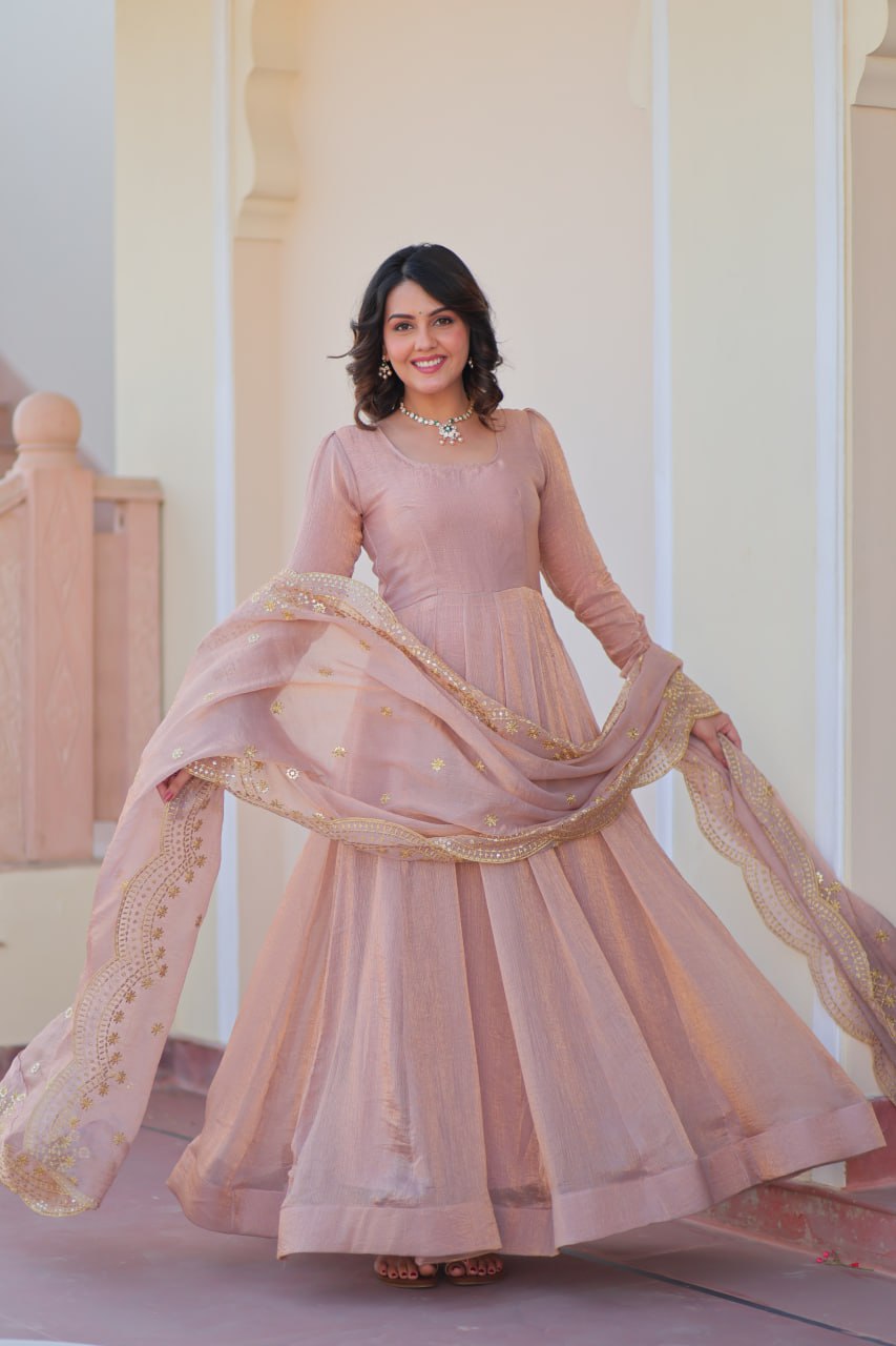 Peach Color Fendy Chiffon With 12 Kali Stitched Gown
