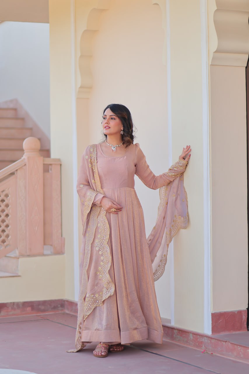 Peach Color Fendy Chiffon With 12 Kali Stitched Gown