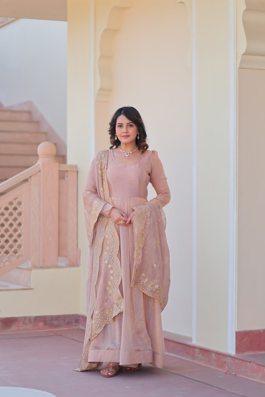 Peach Color Fendy Chiffon With 12 Kali Stitched Gown