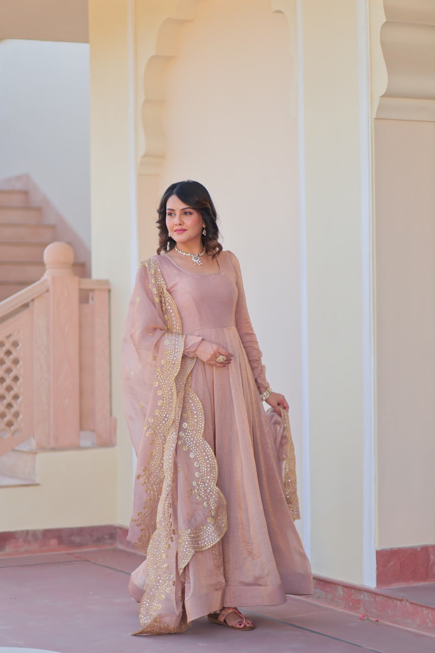 Peach Color Fendy Chiffon With 12 Kali Stitched Gown