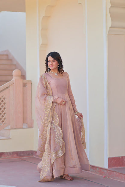 Peach Color Fendy Chiffon With 12 Kali Stitched Gown