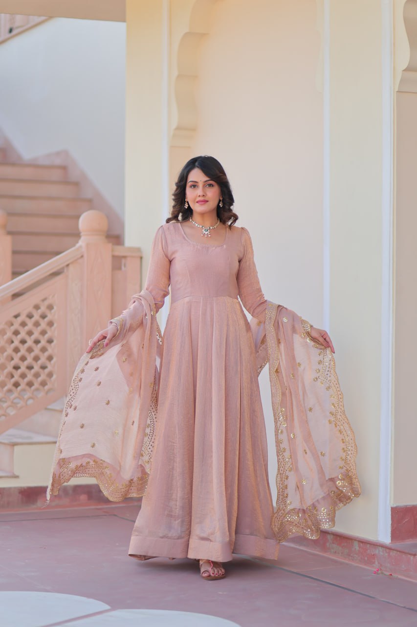 Peach Color Fendy Chiffon With 12 Kali Stitched Gown