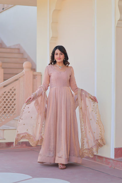 Peach Color Fendy Chiffon With 12 Kali Stitched Gown