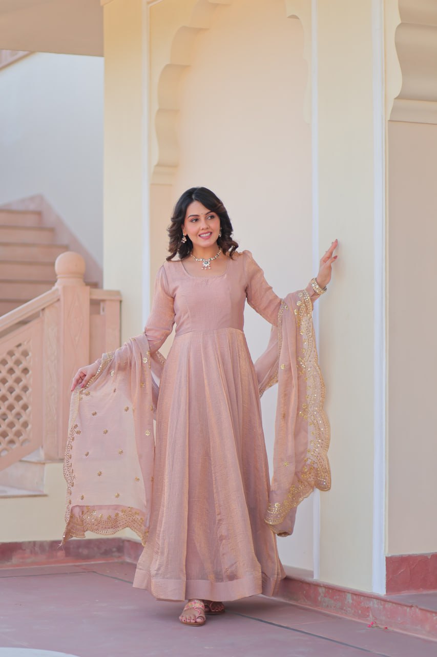 Peach Color Fendy Chiffon With 12 Kali Stitched Gown