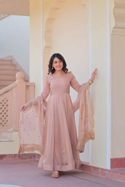 Peach Color Fendy Chiffon With 12 Kali Stitched Gown